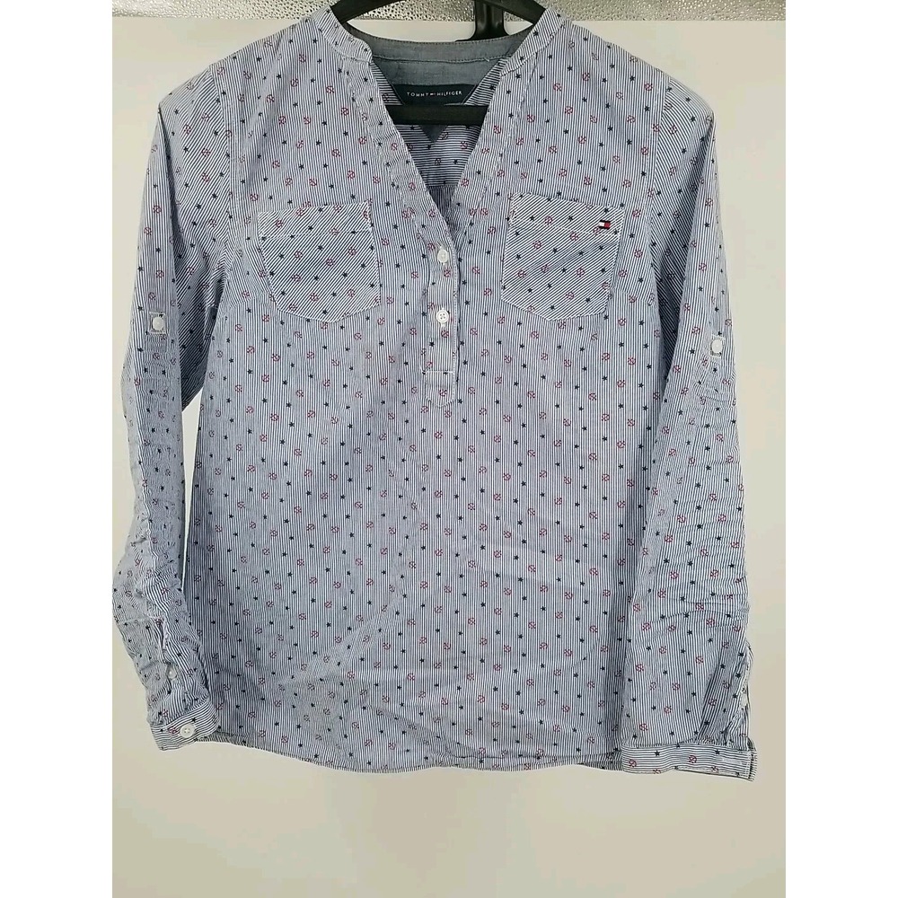 Tommy Hilfiger Womens Naval Pattern Roll-tab Split Neck Top Small Blue Striped